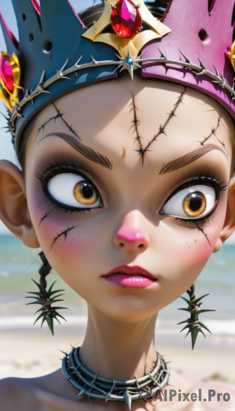 1girl,solo,short hair,hair ornament,bare shoulders,brown eyes,jewelry,closed mouth,collarbone,yellow eyes,hairband,earrings,outdoors,choker,day,dark skin,blurry,collar,dark-skinned female,lips,looking to the side,eyelashes,makeup,blurry background,scar,looking away,beach,tiara,crown,lipstick,gem,portrait,close-up,spikes,eyeshadow,freckles,red lips,stitches,spiked collar,thorns,mascara,spiked choker,studded collar,looking at viewer,blush,brown hair,animal ears,braid,twin braids,facial mark,eye focus