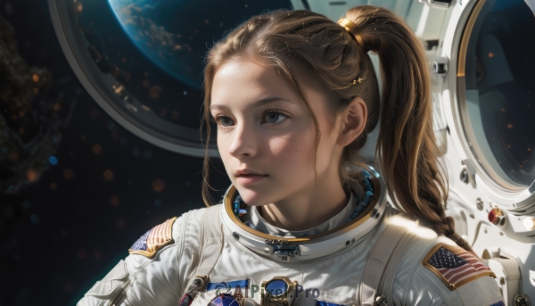 1girl,solo,long hair,blue eyes,blonde hair,brown hair,upper body,ponytail,braid,parted lips,star (symbol),lips,looking away,portrait,freckles,science fiction,realistic,nose,hair tie,space,planet,earth (planet),american flag,spacesuit,astronaut,jewelry,earrings,blurry,star (sky),forehead,looking afar,dirty,space helmet