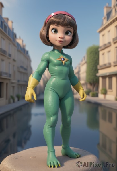 1girl,solo,breasts,looking at viewer,smile,short hair,bangs,brown hair,gloves,brown eyes,closed mouth,standing,full body,hairband,small breasts,outdoors,sky,day,blunt bangs,blurry,blue sky,lips,cosplay,bodysuit,blurry background,bob cut,building,skin tight,yellow gloves,green bodysuit,kigurumi,superhero