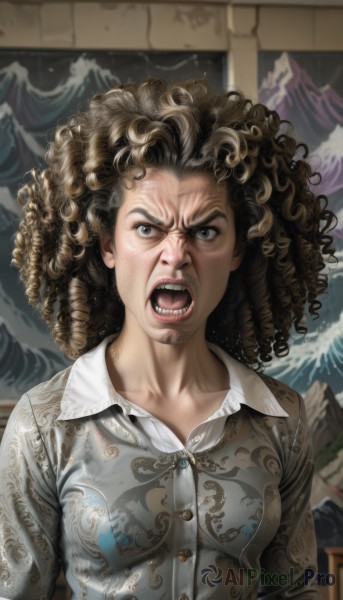 1girl,solo,long hair,breasts,looking at viewer,open mouth,blue eyes,brown hair,shirt,underwear,white shirt,upper body,teeth,collared shirt,bra,blurry,black eyes,lips,see-through,angry,curly hair,mountain,realistic,nose,watercraft,bra visible through clothes,afro,black hair,1boy,brown eyes,male focus,dress shirt,facial hair,parody,messy hair,freckles,shouting,waves,fine art parody