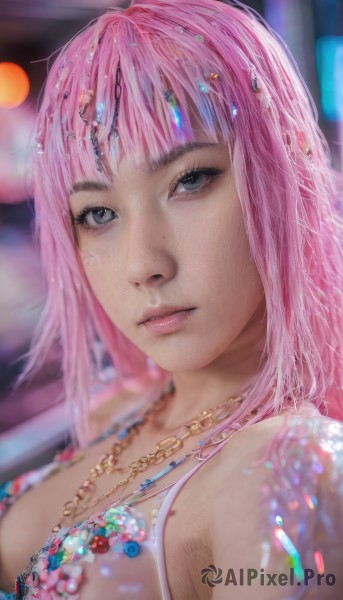 1girl,solo,long hair,breasts,looking at viewer,bangs,blue eyes,cleavage,jewelry,closed mouth,upper body,pink hair,parted lips,necklace,blurry,black eyes,lips,grey eyes,eyelashes,makeup,blurry background,watermark,gem,circlet,realistic,nose,hair ornament,bare shoulders,artist name,depth of field,portrait,freckles,gold chain,head chain