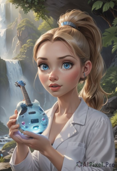 1girl,solo,long hair,breasts,looking at viewer,blush,smile,blue eyes,blonde hair,shirt,long sleeves,holding,cleavage,medium breasts,collarbone,white shirt,upper body,ponytail,small breasts,outdoors,parted lips,teeth,day,collared shirt,water,tree,lips,fingernails,eyelashes,dress shirt,leaf,sunlight,high ponytail,instrument,nature,freckles,pocket,rock,nose,hair tie,music,guitar,breast pocket,playing instrument,holding instrument,river,waterfall,earbuds,bangs,earrings,artist name,forehead,realistic