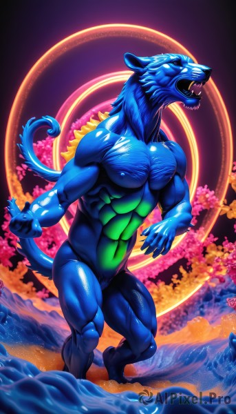 solo,open mouth,blue eyes,1boy,navel,nipples,tail,full body,male focus,nude,teeth,water,pubic hair,no humans,muscular,colored skin,fangs,abs,pectorals,sharp teeth,muscular male,furry,blue skin,furry male,waves,kaijuu,standing,artist name,shiny skin,cherry blossoms,bara,monster