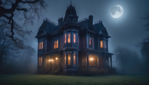 outdoors,sky,cloud,tree,no humans,window,night,moon,grass,building,nature,night sky,scenery,full moon,forest,house,bare tree,castle,fog,moonlight,door,dark,path