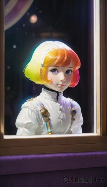 1girl,solo,looking at viewer,short hair,bangs,blue eyes,blonde hair,closed mouth,upper body,multicolored hair,hairband,puffy sleeves,orange hair,uniform,lips,window,bob cut,train interior,shirt,long sleeves,white shirt,eyelashes,buttons,suspenders,high collar,nose