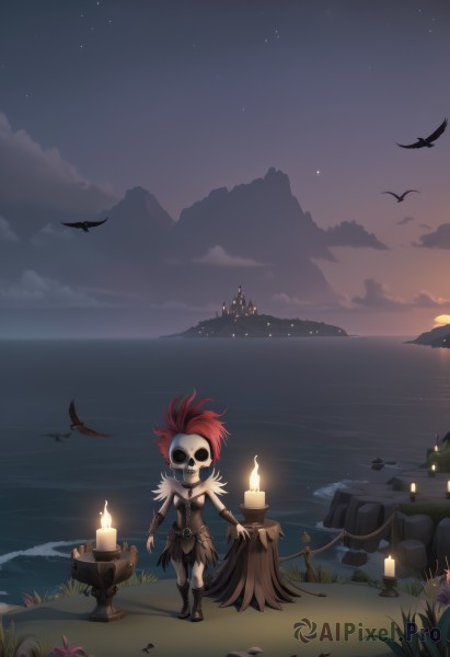 1girl,solo,standing,flower,red hair,outdoors,sky,cloud,water,tree,mask,night,bird,ocean,beach,grass,fire,star (sky),night sky,scenery,starry sky,skull,mountain,horizon,candle,castle,crow,feathers