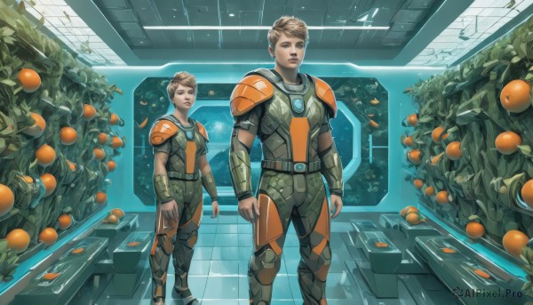 1girl,looking at viewer,short hair,blonde hair,brown hair,1boy,brown eyes,standing,food,indoors,armor,lips,bodysuit,multiple views,fruit,bird,plant,shoulder armor,science fiction,breastplate,realistic,tiles,orange (fruit),blue eyes,gloves,male focus,boots,multiple boys,2boys,uniform,robot,pilot suit,shoulder pads,spacecraft,spacesuit