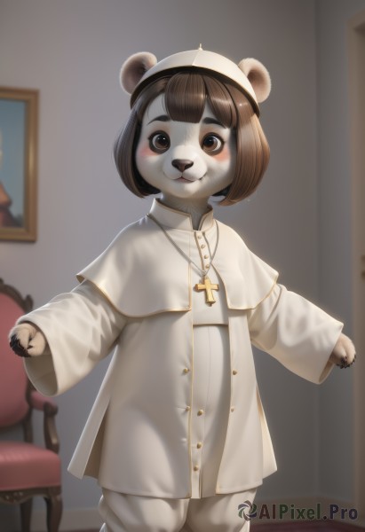 1girl,solo,looking at viewer,blush,smile,short hair,bangs,brown hair,long sleeves,hat,animal ears,brown eyes,jewelry,standing,pants,indoors,necklace,blurry,capelet,blurry background,white headwear,chair,bob cut,cross,child,furry,white pants,furry female,female child,cross necklace,white capelet,bear ears,animal nose,bear,furrification,black hair,closed mouth,wide sleeves,outstretched arms,robe,panda,panda ears