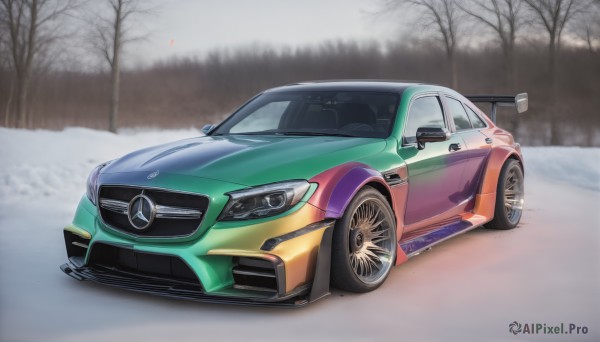 A motor vehicle caught in a vivid snowy outdoors