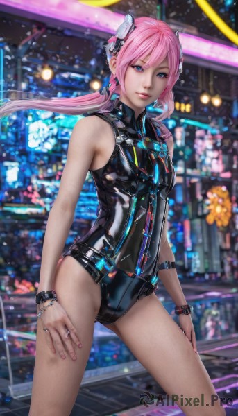 1girl,solo,long hair,breasts,looking at viewer,smile,bangs,blue eyes,hair ornament,hair between eyes,bare shoulders,twintails,jewelry,standing,pink hair,small breasts,parted lips,sleeveless,shiny,nail polish,blurry,bracelet,leotard,lips,blurry background,headgear,low twintails,ring,black leotard,science fiction,legs apart,watch,city,wristwatch,cyberpunk,neon lights,medium breasts,closed mouth,swimsuit,thighs,cowboy shot,earrings,belt,artist name,one-piece swimsuit,shiny skin,depth of field,watermark,wristband,skin tight,web address,pink nails,zipper,contrapposto,shiny clothes,black one-piece swimsuit,pool,hand on own thigh,lights