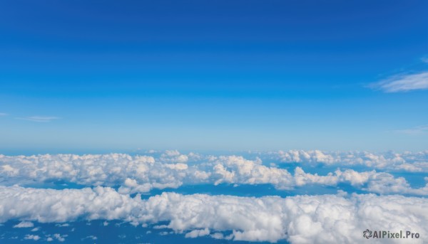 monochrome,outdoors,sky,day,cloud,blue sky,no humans,cloudy sky,scenery,blue theme,horizon,landscape,above clouds,ocean