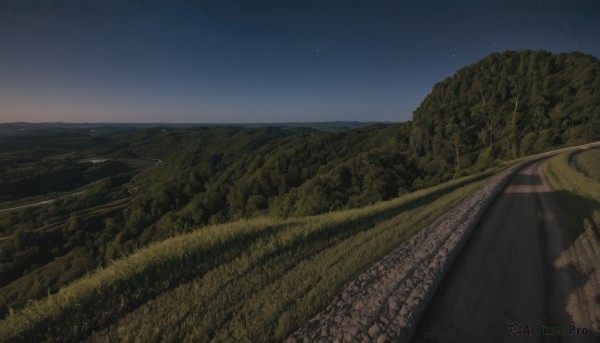 outdoors,sky,tree,no humans,night,grass,star (sky),nature,night sky,scenery,forest,starry sky,mountain,horizon,road,field,river,landscape,hill,ocean