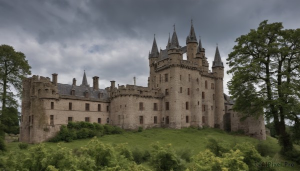 outdoors,sky,day,cloud,tree,blue sky,no humans,cloudy sky,grass,building,nature,scenery,castle,tower,fantasy,bush,path,church,arch