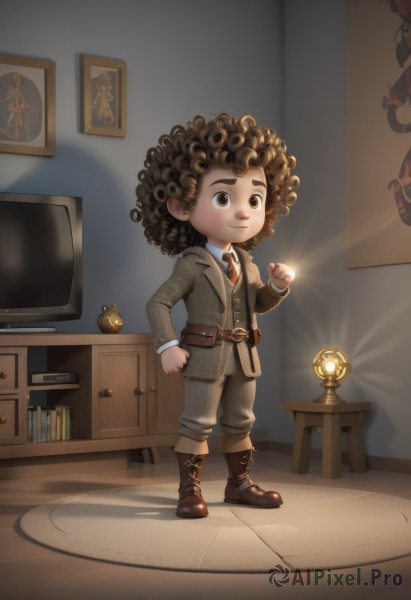 solo,smile,brown hair,shirt,long sleeves,1boy,brown eyes,standing,jacket,full body,white shirt,male focus,boots,necktie,belt,pants,indoors,book,brown footwear,table,clenched hand,child,desk,curly hair,bookshelf,brown belt,lamp,male child,television,shelf,picture frame,afro,drawer,artist name,shadow,watermark,red necktie,clenched hands,brown jacket,brown vest,cabinet,faux figurine