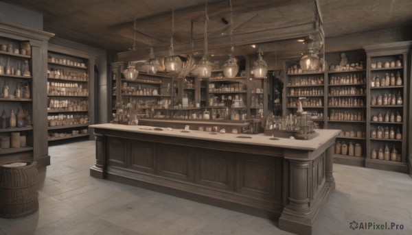 indoors,cup,no humans,bottle,scenery,alcohol,drinking glass,wooden floor,basket,stool,shelf,wine bottle,jar,ceiling,bar (place),counter,barrel,ceiling light,table,cabinet