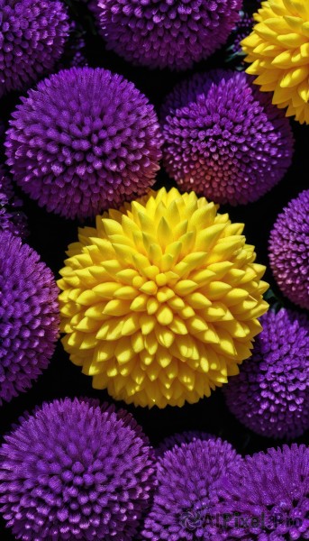 flower,no humans,leaf,yellow flower,purple flower,hydrangea,still life,wisteria,simple background,signature,petals,from above,plant,black background,scenery,light particles,purple theme,chrysanthemum