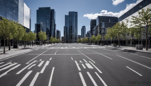 outdoors,sky,day,cloud,tree,blue sky,no humans,shadow,cloudy sky,building,scenery,city,road,cityscape,lamppost,street,skyscraper,crosswalk,real world location