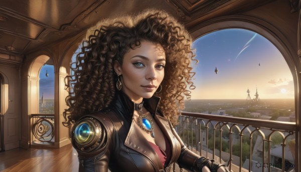 1girl,solo,long hair,breasts,looking at viewer,smile,brown hair,black hair,cleavage,brown eyes,jewelry,medium breasts,upper body,earrings,sky,cloud,dark skin,water,necklace,dark-skinned female,lips,bodysuit,bird,ocean,star (sky),scenery,pendant,science fiction,curly hair,sunset,stairs,aircraft,nose,railing,big hair,cyborg,shooting star,afro,airship,gloves,jacket,choker,day,fingerless gloves,blue sky,window,facial mark,sunlight,wind,backlighting,hoop earrings,realistic,leather,facial tattoo,leather jacket,sunrise,cyberpunk