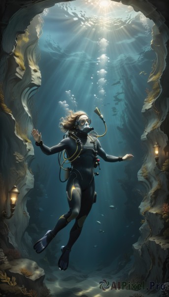 1girl,solo,breasts,short hair,blonde hair,brown hair,full body,barefoot,water,bodysuit,ocean,sunlight,goggles,breath,skin tight,fish,bubble,light rays,underwater,air bubble,sunbeam,swimming,diving mask,freediving,coral,wetsuit,diving,black hair,brown eyes,mask,snorkel