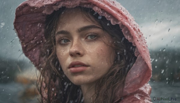 1girl, solo, long hair, looking at viewer, brown hair, outdoors, parted lips, hood, blurry, lips, wet, eyelashes, blurry background, portrait, freckles, rain, realistic, nose