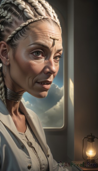 1girl,solo,looking at viewer,hair ornament,brown eyes,jewelry,closed mouth,upper body,braid,grey hair,earrings,parted lips,sky,choker,cloud,indoors,hair bun,lips,grey eyes,book,window,freckles,lantern,realistic,nose,lamp,old,old woman,long hair,shirt,dress,white shirt,white hair,teeth,day,dark skin,dark-skinned female,eyelashes,single hair bun,cross,train interior