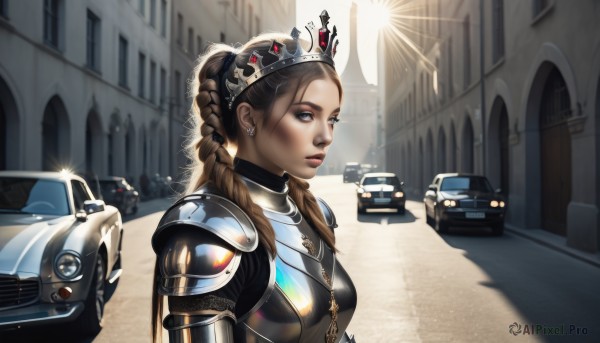 1girl,solo,long hair,breasts,looking at viewer,blue eyes,brown hair,jewelry,medium breasts,upper body,braid,earrings,outdoors,day,necklace,armor,lips,bodysuit,sunlight,tiara,crown,ground vehicle,shoulder armor,building,motor vehicle,lens flare,science fiction,pauldrons,breastplate,city,realistic,nose,car,road,shoulder pads,street,twin braids,piercing,cross