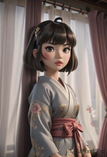 1girl,solo,looking at viewer,blush,short hair,bangs,brown hair,black hair,hair ornament,long sleeves,brown eyes,standing,upper body,flower,ahoge,parted lips,japanese clothes,artist name,indoors,wide sleeves,blunt bangs,kimono,blurry,lips,sash,window,depth of field,blurry background,obi,floral print,bob cut,curtains,yukata,nose,print kimono,grey kimono,breasts,day,makeup,red lips