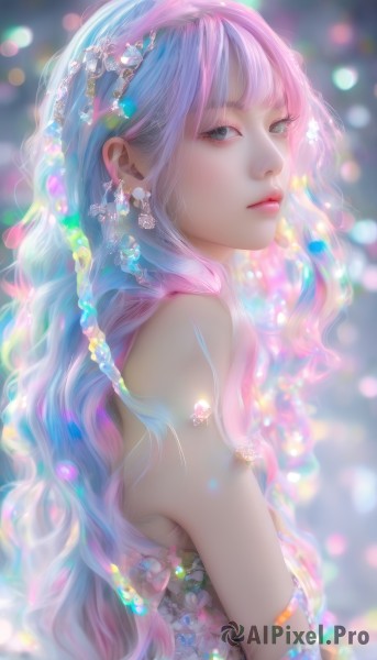 1girl,solo,long hair,looking at viewer,bangs,hair ornament,dress,bare shoulders,jewelry,closed mouth,blue hair,upper body,pink hair,flower,multicolored hair,earrings,blurry,from side,two-tone hair,lips,looking to the side,grey eyes,eyelashes,strapless,depth of field,blurry background,wavy hair,floral print,gem,crystal,realistic,breasts,blue eyes,sleeveless,artist name,blunt bangs,gradient hair,makeup,watermark,expressionless,light particles,nose,bokeh,mascara,pearl (gemstone)