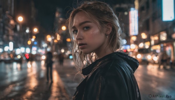 1girl, solo, long hair, looking at viewer, blue eyes, blonde hair, jewelry, jacket, upper body, earrings, outdoors, parted lips, blurry, from side, lips, night, depth of field, blurry background, freckles, city, realistic, city lights