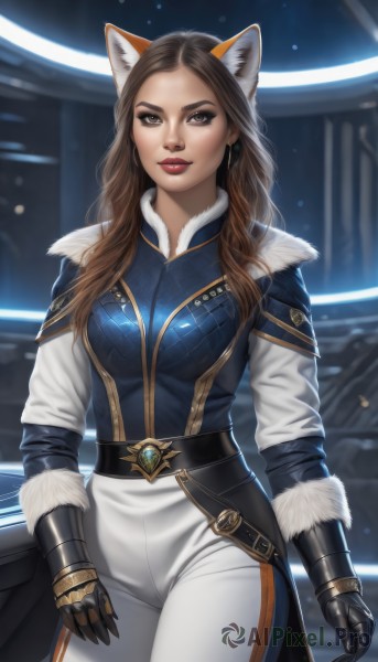 1girl,solo,long hair,breasts,looking at viewer,brown hair,gloves,animal ears,brown eyes,jewelry,medium breasts,standing,cowboy shot,belt,pants,cat ears,armor,blurry,lips,fur trim,makeup,blurry background,lipstick,gauntlets,white pants,nose,red lips,long sleeves,earrings,parted lips,artist name,dog ears,forehead,thick lips