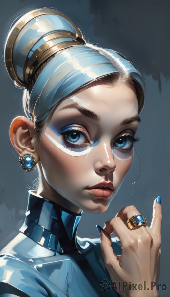 1girl,solo,looking at viewer,blue eyes,jewelry,blue hair,multicolored hair,earrings,parted lips,hair bun,nail polish,two-tone hair,lips,fingernails,eyelashes,makeup,single hair bun,ring,lipstick,portrait,eyeshadow,blue nails,nose,mascara,blue eyeshadow,short hair,blonde hair,simple background,brown hair,closed mouth,upper body,shiny,artist name,hand up,signature,grey background,streaked hair,turtleneck,thick eyebrows,gem,long fingernails,realistic,eyeliner