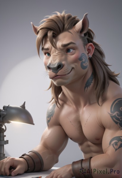 solo,long hair,smile,blue eyes,brown hair,1boy,animal ears,jewelry,closed mouth,nipples,upper body,male focus,earrings,artist name,medium hair,grey background,tattoo,muscular,facial hair,scar,piercing,pectorals,muscular male,bara,furry,topless male,realistic,lamp,furry male,arm tattoo,shoulder tattoo,chest hair,bracelet,lips,mask,watermark,abs,thick eyebrows,extra ears,manly,body markings