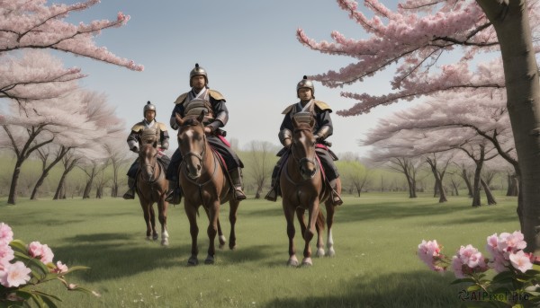 black hair,1boy,hat,weapon,flower,male focus,outdoors,multiple boys,sky,day,sword,2boys,armor,tree,blue sky,facial hair,animal,grass,cherry blossoms,scenery,pink flower,riding,japanese armor,horse,topknot,horseback riding,short hair,holding,closed mouth,standing,japanese clothes,holding weapon,looking at another,3boys,helmet,sheath,sheathed,breastplate,field,samurai,spring (season),saddle