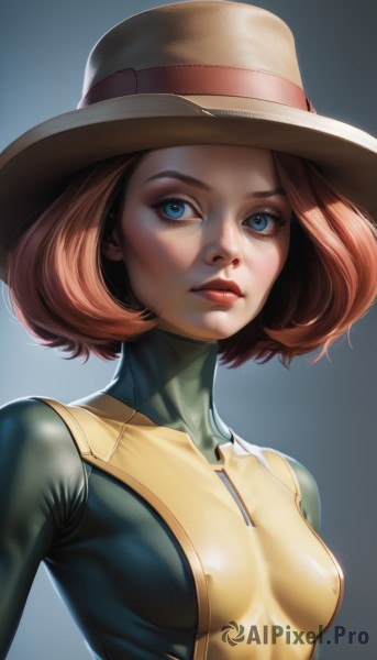 1girl,solo,breasts,looking at viewer,short hair,blue eyes,simple background,brown hair,hat,medium breasts,upper body,small breasts,parted lips,covered nipples,lips,gradient,gradient background,eyelashes,bodysuit,makeup,skin tight,realistic,nose,green bodysuit,yellow bodysuit,shiny,turtleneck,freckles,red lips