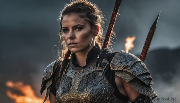 1girl,solo,long hair,looking at viewer,brown hair,black hair,1boy,brown eyes,closed mouth,upper body,weapon,braid,male focus,outdoors,sleeveless,sword,dark skin,armor,blurry,black eyes,dark-skinned female,lips,blurry background,fire,polearm,shoulder armor,freckles,pauldrons,breastplate,weapon on back,dreadlocks,chainmail,scar,spear,realistic