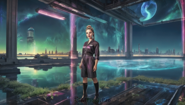 1girl,solo,looking at viewer,brown hair,black hair,hair ornament,dress,jewelry,standing,earrings,sky,shoes,socks,cloud,water,black footwear,kneehighs,night,moon,black socks,building,star (sky),night sky,scenery,full moon,reflection,science fiction,city,fantasy,arms at sides,cityscape,ruins,skyscraper,skirt,hair bun,high heels,makeup,grass,lipstick,realistic,platform footwear,planet,spacecraft,city lights