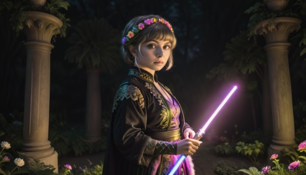 1girl,solo,looking at viewer,short hair,bangs,brown hair,black hair,hair ornament,long sleeves,holding,brown eyes,jewelry,closed mouth,upper body,weapon,flower,earrings,outdoors,sword,hair flower,black eyes,tree,lips,night,glowing,plant,nature,pink flower,forest,realistic,nose,bush,head wreath,pillar,glowing weapon,energy sword,arch,glowing sword,garden,column,lightsaber,dress,parted lips,holding weapon,holding sword,bridal gauntlets,robe