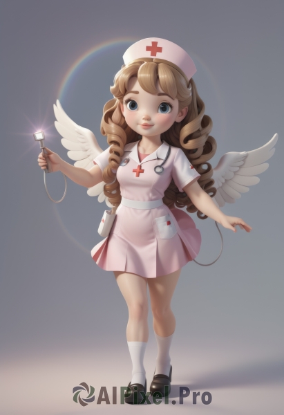 1girl,solo,long hair,breasts,looking at viewer,smile,blue eyes,blonde hair,simple background,brown hair,hat,dress,holding,standing,full body,short sleeves,small breasts,wings,shoes,socks,grey background,black footwear,lips,kneehighs,shadow,drill hair,cross,white socks,pink dress,feathered wings,lens flare,curly hair,angel wings,nurse cap,white wings,angel,nurse,ringlets,stethoscope,red cross,blush,blue background,syringe