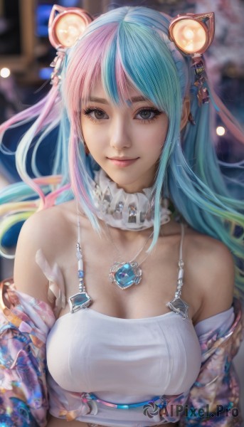 1girl,solo,long hair,breasts,looking at viewer,smile,bangs,large breasts,hair ornament,cleavage,bare shoulders,brown eyes,jewelry,medium breasts,closed mouth,blue hair,collarbone,upper body,pink hair,multicolored hair,earrings,choker,necklace,off shoulder,blurry,two-tone hair,lips,grey eyes,aqua hair,makeup,blurry background,gem,realistic,collar,eyelashes,detached collar,nose