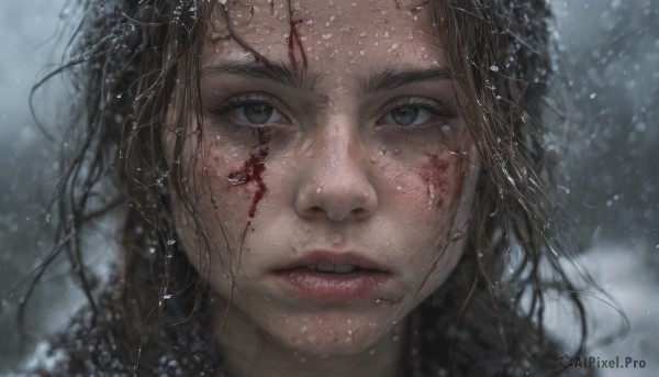 1girl,solo,long hair,looking at viewer,brown hair,black hair,brown eyes,outdoors,parted lips,teeth,blurry,lips,grey eyes,eyelashes,blood,messy hair,portrait,snow,close-up,injury,blood on face,snowing,realistic,nose,bangs,green eyes,depth of field,blurry background,freckles