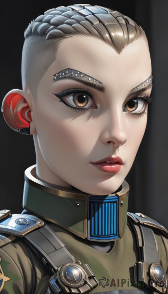 1girl,solo,looking at viewer,short hair,brown hair,brown eyes,braid,grey hair,parted lips,uniform,lips,military,eyelashes,military uniform,makeup,black background,portrait,eyeshadow,nose,red lips,hair behind ear,animification,undercut,forehead,very short hair,badge,medal