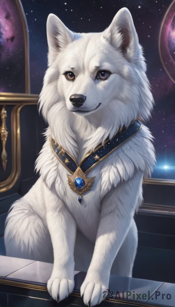 solo,looking at viewer,blue eyes,brown eyes,jewelry,sky,indoors,star (symbol),no humans,animal,brooch,gem,star (sky),starry sky,reflection,dog,realistic,space,animal focus,white fur,blue gemstone,sitting,signature,necklace,window,night,night sky,wolf