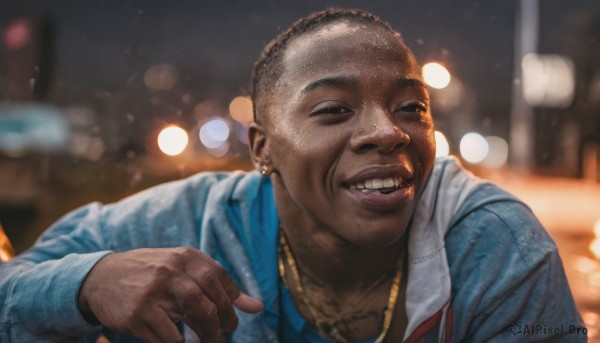 solo,smile,open mouth,shirt,black hair,long sleeves,1boy,brown eyes,jewelry,jacket,upper body,male focus,earrings,teeth,tongue,dark skin,hood,tongue out,necklace,blurry,black eyes,lips,night,blurry background,facial hair,piercing,dark-skinned male,blue shirt,realistic,nose,very dark skin,dreadlocks,outdoors,grin,hoodie,blue jacket,ear piercing