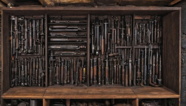 weapon,sword,indoors,no humans,table,scenery,door,still life,barrel,knife,sheath,sheathed,stairs,axe,wall,stone wall,wood