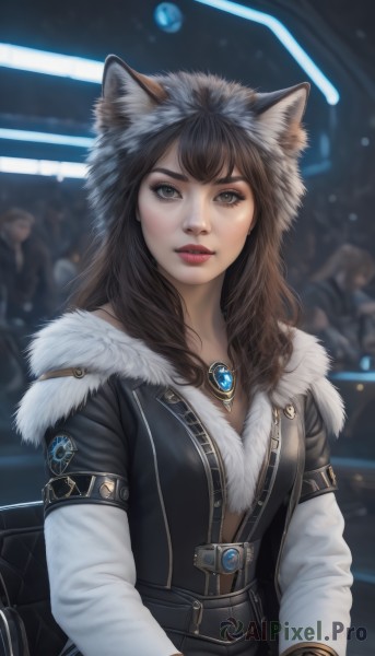 1girl,solo,long hair,breasts,looking at viewer,bangs,brown hair,long sleeves,animal ears,brown eyes,jewelry,upper body,parted lips,solo focus,cat ears,hood,necklace,blurry,lips,coat,fur trim,blurry background,brooch,gem,pendant,animal hood,realistic,nose,parka,black hair,teeth,fake animal ears,wolf ears,hood up