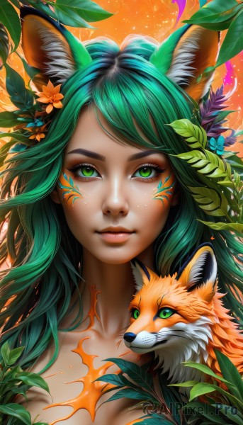 1girl,solo,long hair,breasts,looking at viewer,smile,bangs,hair ornament,animal ears,cleavage,medium breasts,closed mouth,green eyes,collarbone,upper body,flower,green hair,artist name,hair flower,lips,animal ear fluff,fox ears,eyelashes,tattoo,makeup,animal,leaf,watermark,facial mark,plant,slit pupils,portrait,freckles,nose,orange background,fox,large breasts