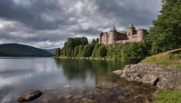 outdoors,sky,day,cloud,water,tree,blue sky,no humans,cloudy sky,grass,building,nature,scenery,forest,reflection,rock,mountain,river,castle,landscape,lake,path,fantasy,reflective water