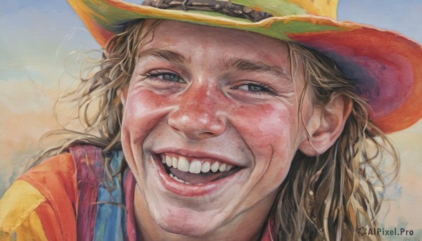 solo,long hair,looking at viewer,smile,open mouth,brown hair,shirt,1boy,hat,:d,male focus,sky,teeth,black eyes,grey eyes,traditional media,portrait,realistic,painting (medium),cowboy hat,blue eyes,blonde hair,outdoors,day,grin,lips,nose