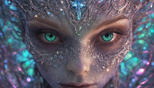 1girl,solo,looking at viewer,closed mouth,green eyes,blurry,aqua eyes,lips,eyelashes,depth of field,blurry background,gem,portrait,light particles,close-up,reflection,crystal,realistic,eye focus,fantasy,straight-on,cracked skin