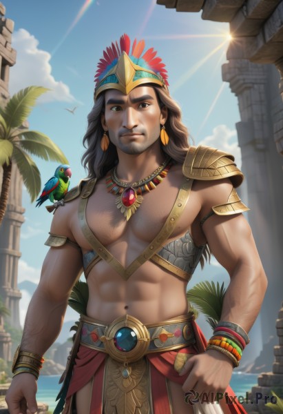 solo,long hair,looking at viewer,smile,brown hair,black hair,1boy,navel,brown eyes,jewelry,closed mouth,nipples,standing,male focus,cowboy shot,earrings,outdoors,sky,day,belt,artist name,cloud,dark skin,water,necklace,stomach,armor,bracelet,tree,blue sky,muscular,facial hair,bird,ocean,animal,watermark,abs,sunlight,thick eyebrows,feathers,crown,pectorals,muscular male,shoulder armor,gem,clenched hand,bara,pelvic curtain,beard,lens flare,armlet,clenched hands,large pectorals,pauldrons,topless male,mature male,realistic,palm tree,arms at sides,sun,bare pectorals,chest hair,loincloth,pillar,animal on shoulder,eagle,bird on shoulder,parrot,blurry,dark-skinned male,helmet,veins,manly,navel hair,arm hair